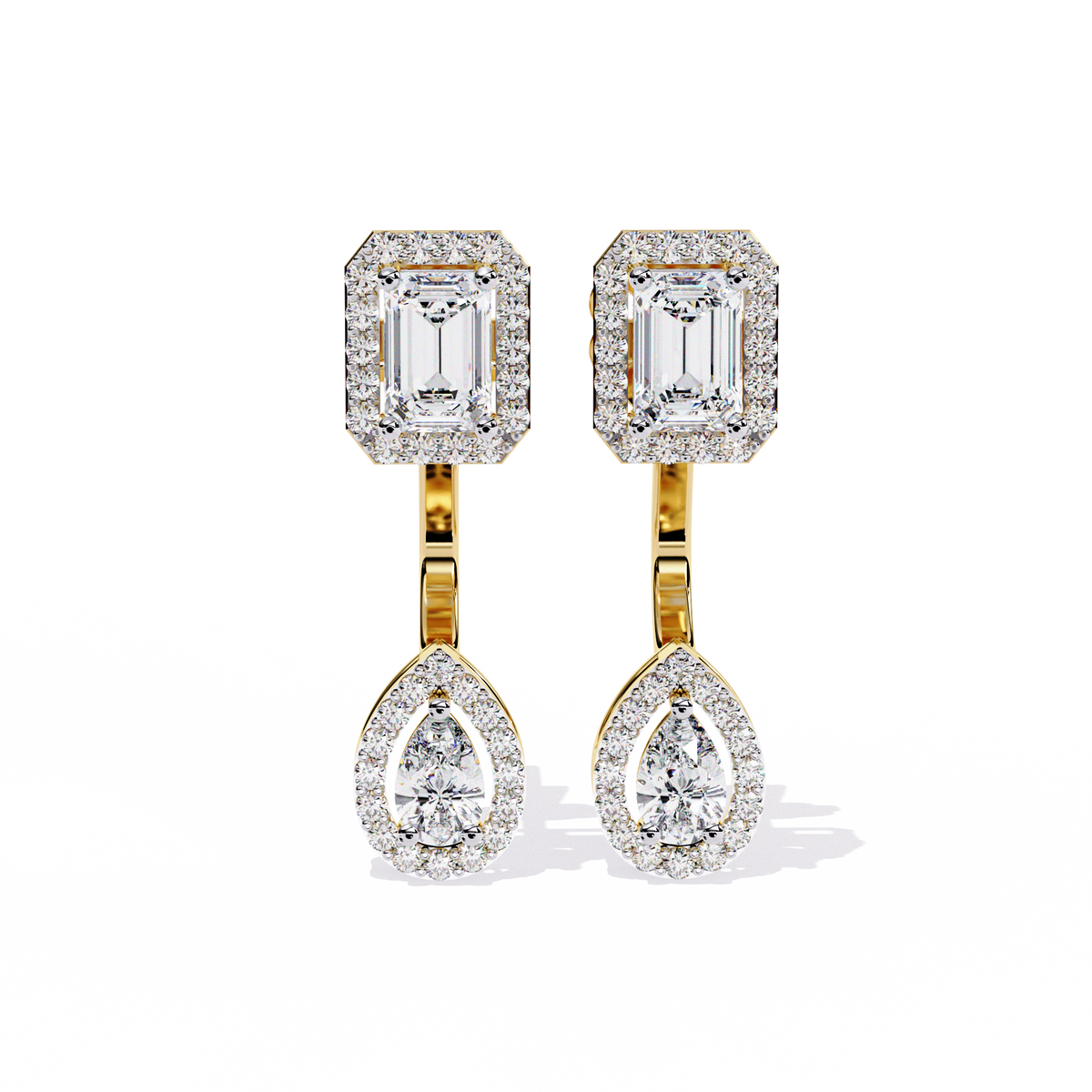 2.1 CTW emerald and pear halo diamond drop earrings in Yellow Gold, front view – Lunéa Paris