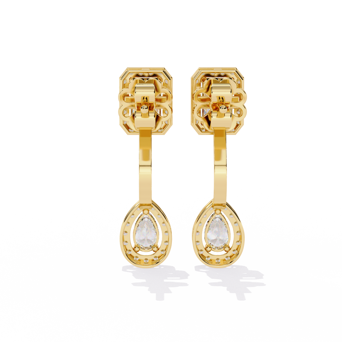 2.1 CTW emerald and pear halo diamond drop earrings in Yellow Gold, rear view – Lunéa Paris
