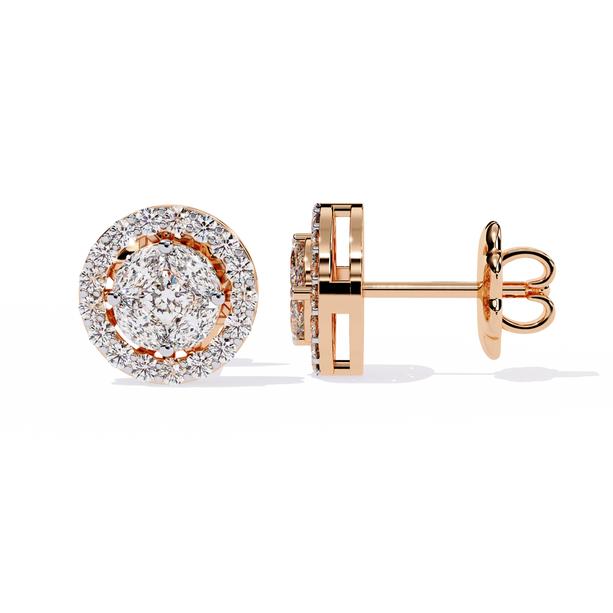 1.5 CTW marquise and round diamond floral halo stud earrings in Rose Gold, angled view – Lunéa Paris