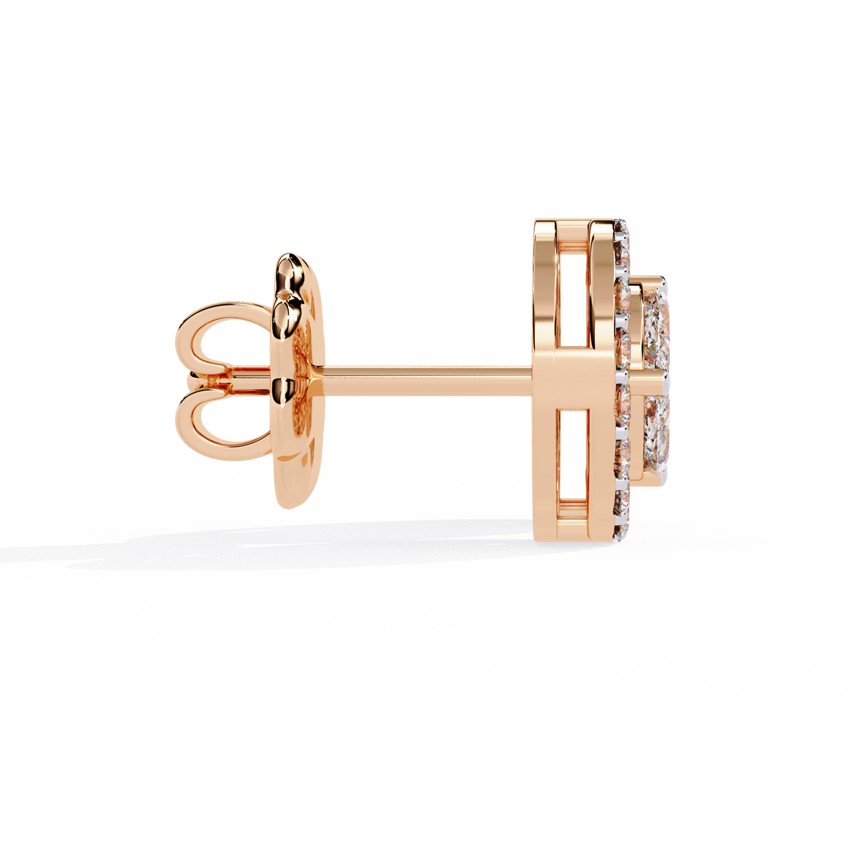 1.5 CTW marquise and round diamond floral halo stud earrings in Rose Gold, side view – Lunéa Paris