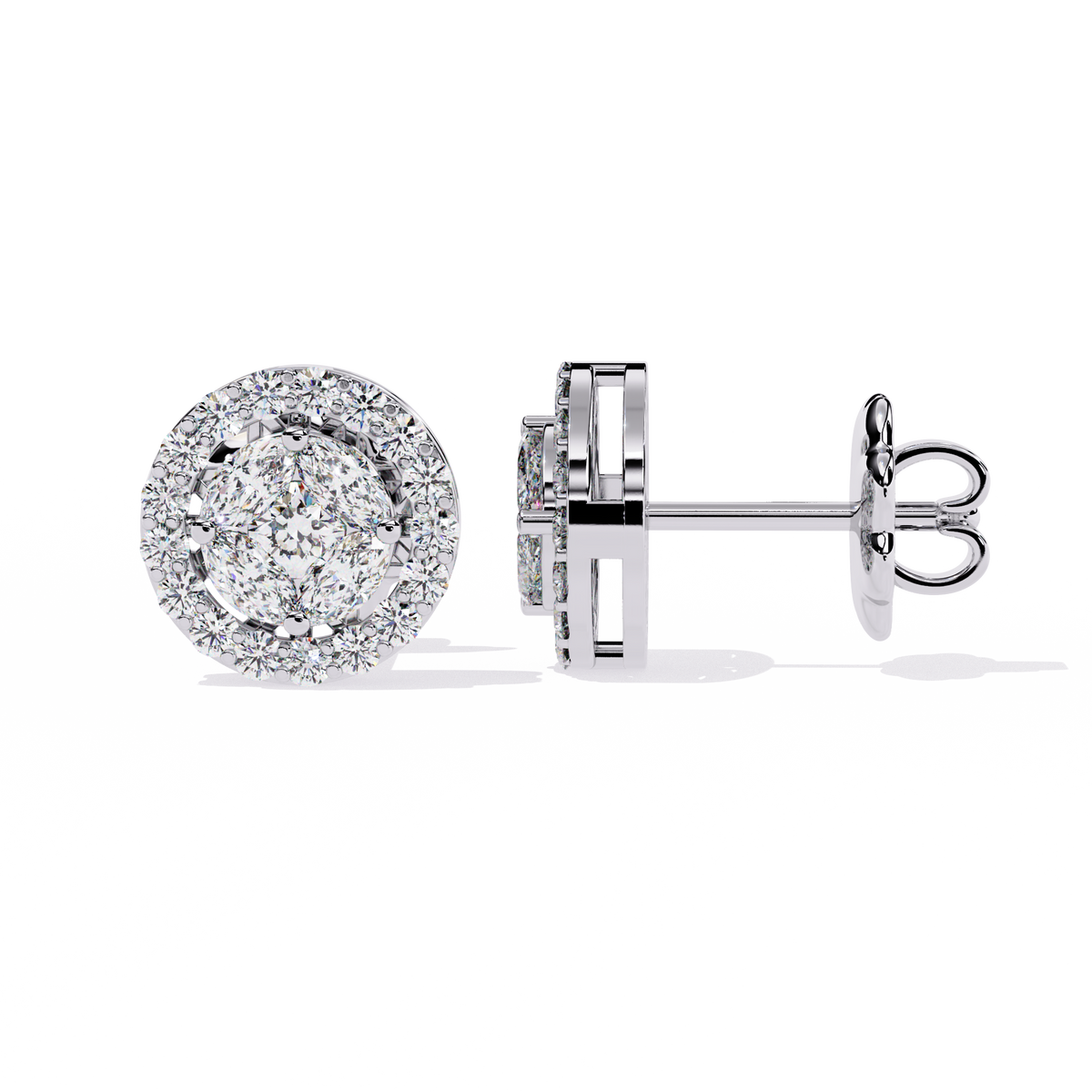 1.5 CTW marquise and round diamond floral halo stud earrings in White Gold, angled view – Lunéa Paris