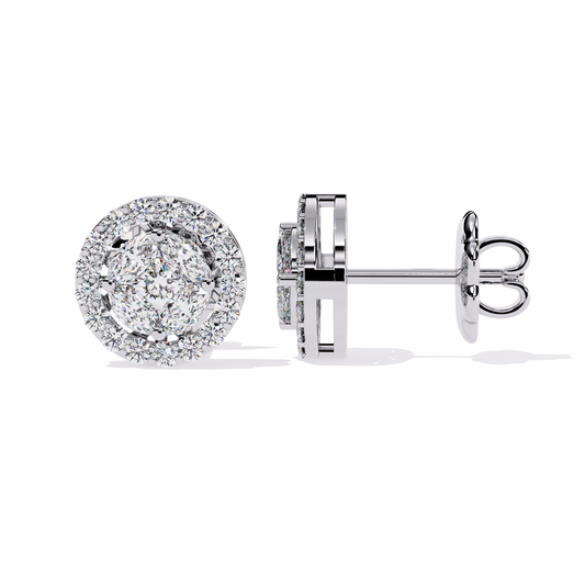 1.5 CTW marquise and round diamond floral halo stud earrings in White Gold, angled view – Lunéa Paris
