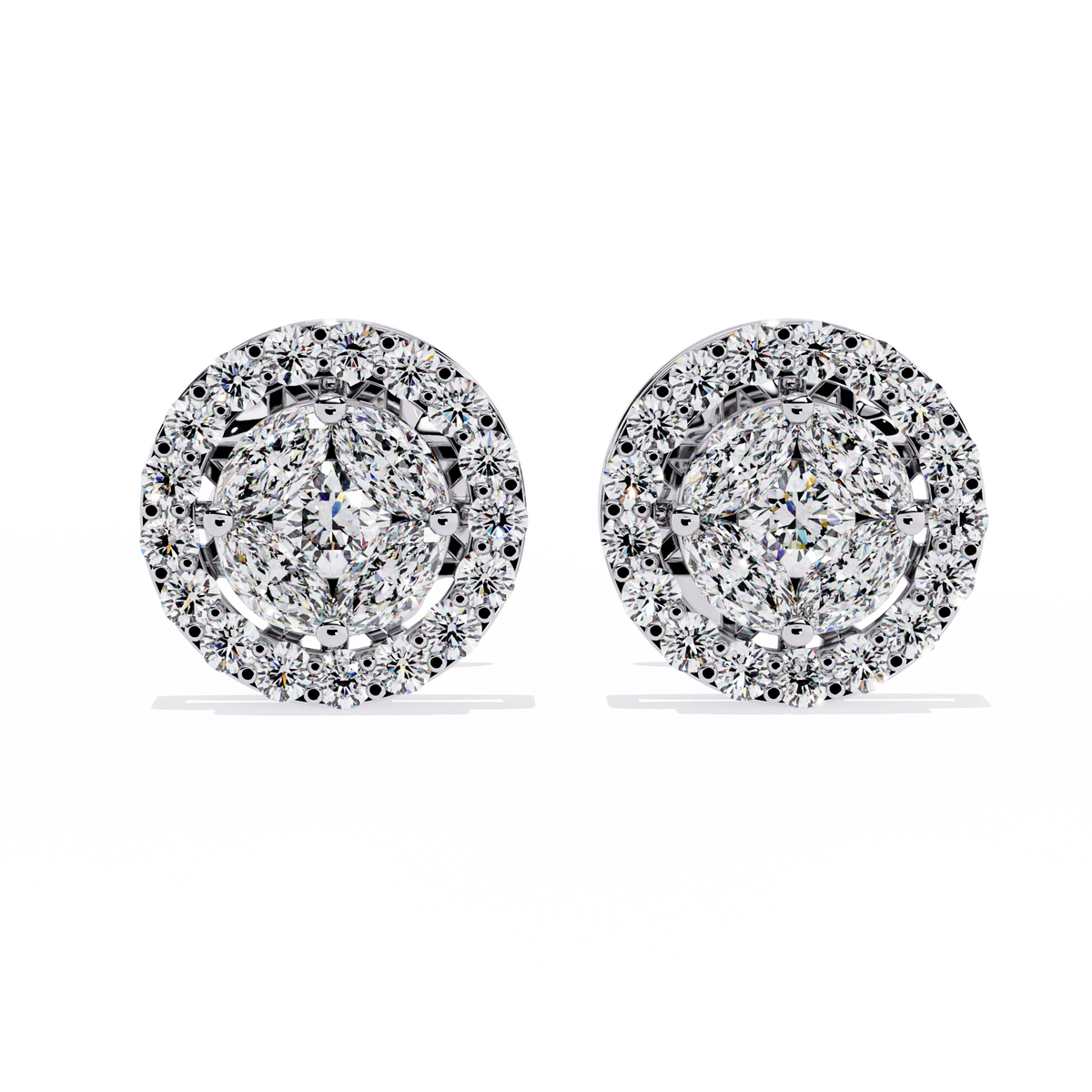 1.5 CTW marquise and round diamond floral halo stud earrings in White Gold, front view – Lunéa Paris