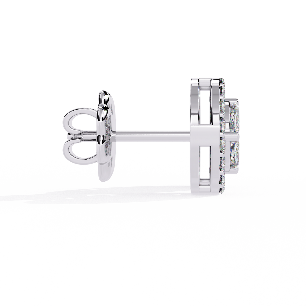 1.5 CTW marquise and round diamond floral halo stud earrings in White Gold, side view – Lunéa Paris