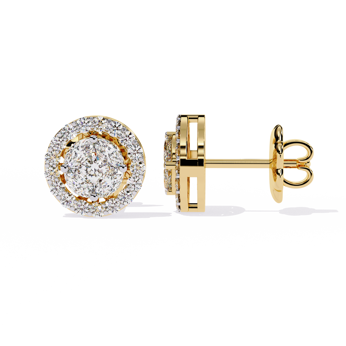1.5 CTW marquise and round diamond floral halo stud earrings in Yellow Gold, angled view – Lunéa Paris