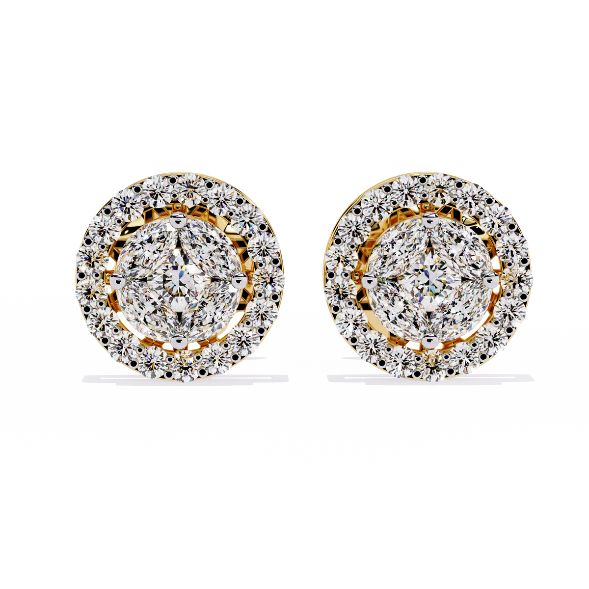 1.5 CTW marquise and round diamond floral halo stud earrings in Yellow Gold, front view – Lunéa Paris