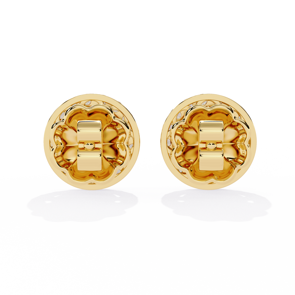 1.5 CTW marquise and round diamond floral halo stud earrings in Yellow Gold, rear view – Lunéa Paris