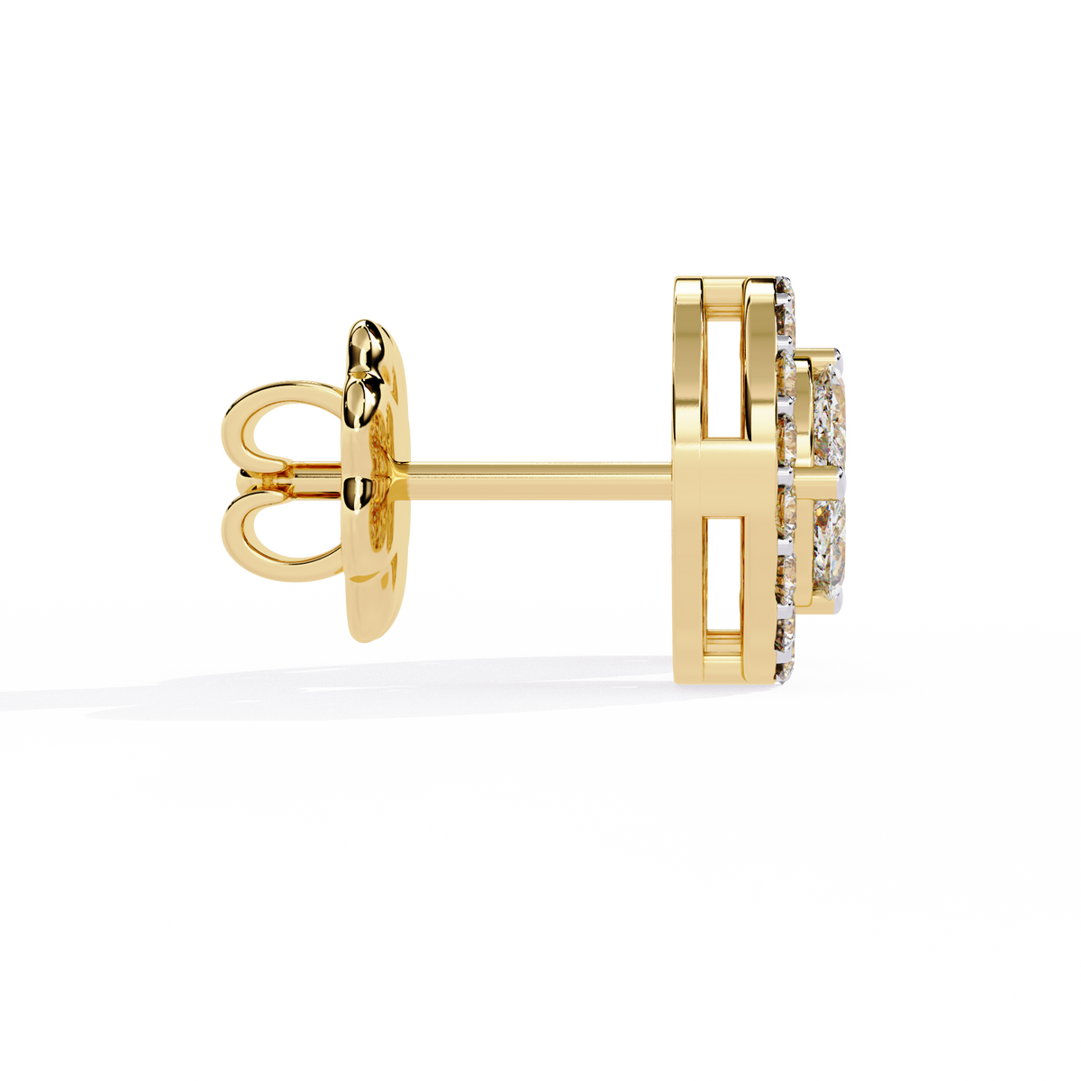 1.5 CTW marquise and round diamond floral halo stud earrings in Yellow Gold, side view – Lunéa Paris
