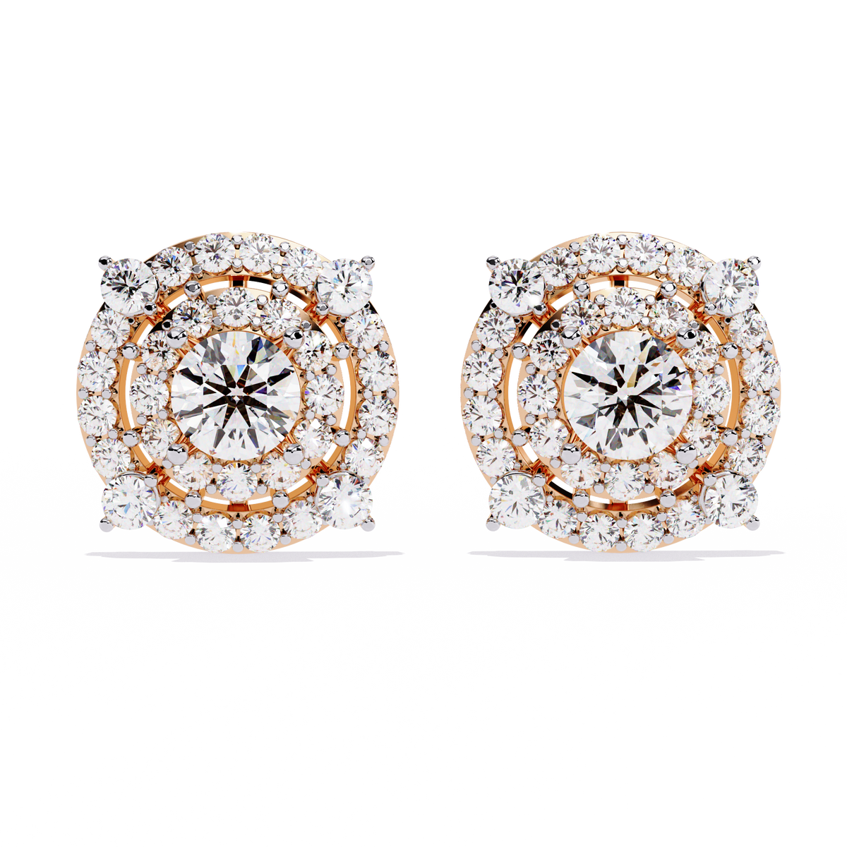 2.3 CTW round diamond concentric halo stud earrings in Rose Gold, front view – Lunéa Paris