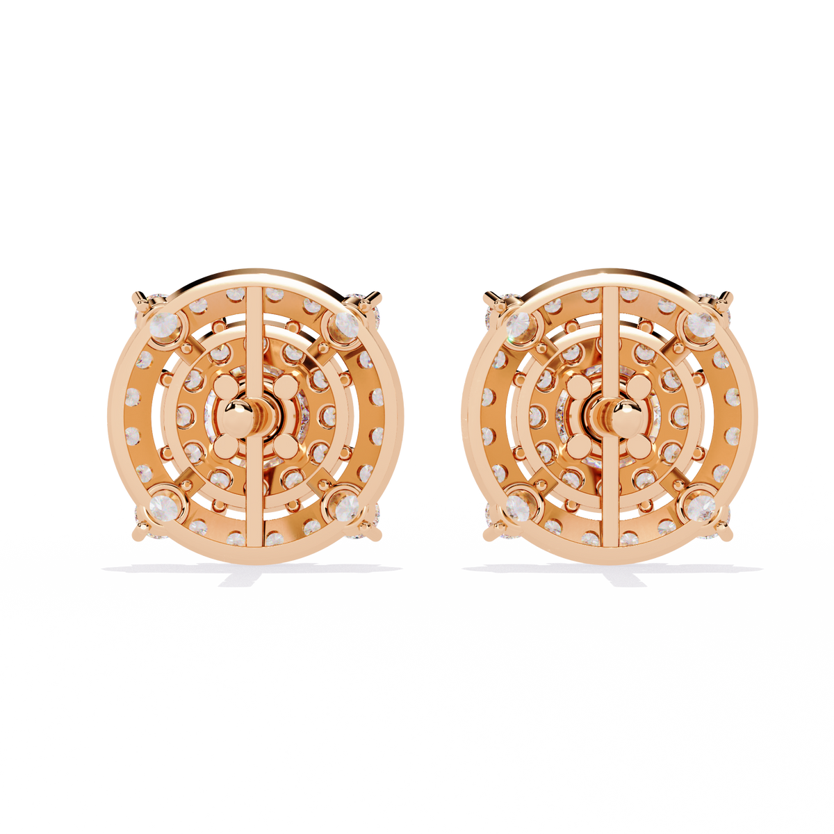 2.3 CTW round diamond concentric halo stud earrings in Rose Gold, rear view – Lunéa Paris