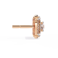 2.3 CTW round diamond concentric halo stud earrings in Rose Gold, side view – Lunéa Paris