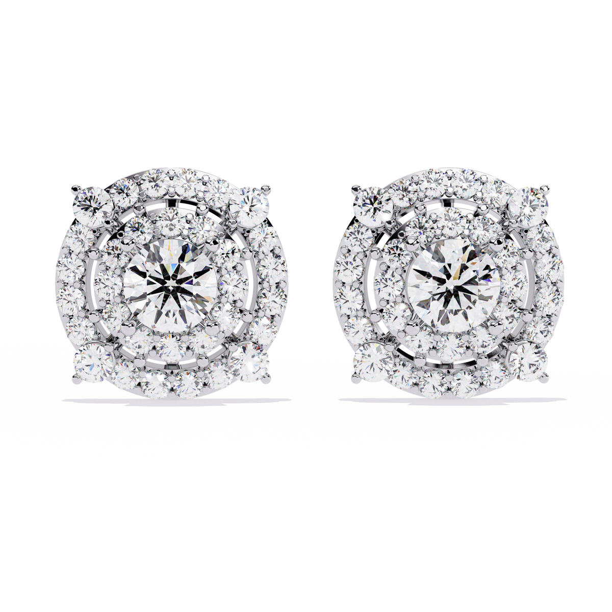 2.3 CTW round diamond concentric halo stud earrings in White Gold, front view – Lunéa Paris