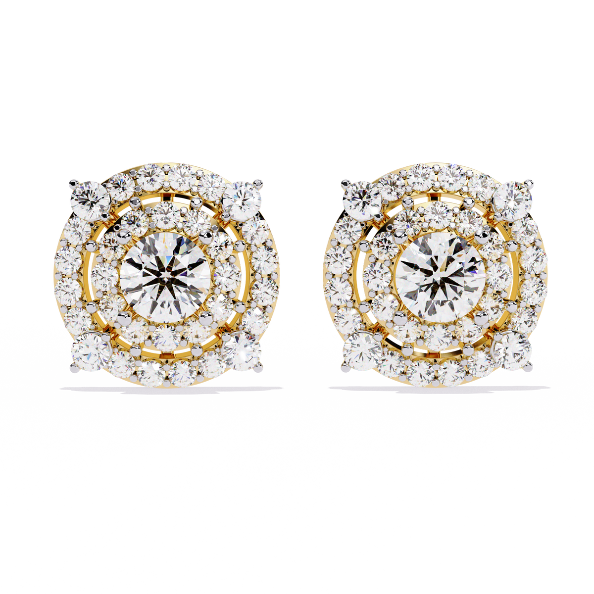 2.3 CTW round diamond concentric halo stud earrings in Yellow Gold, front view – Lunéa Paris