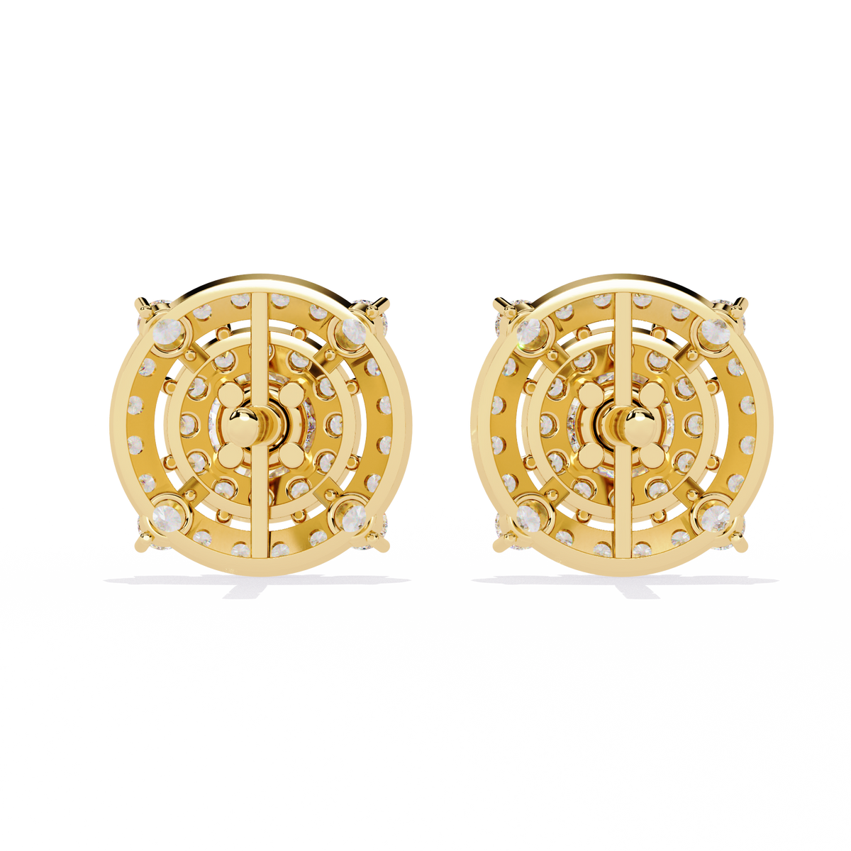 2.3 CTW round diamond concentric halo stud earrings in Yellow Gold, rear view – Lunéa Paris