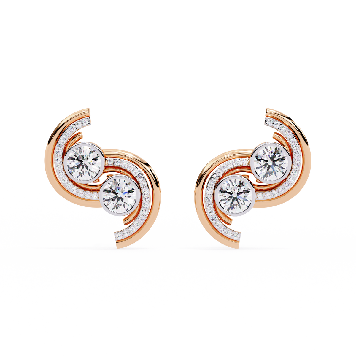 2.1 CTW round diamond double-swirl stud earrings in Rose Gold, front view – Lunéa Paris