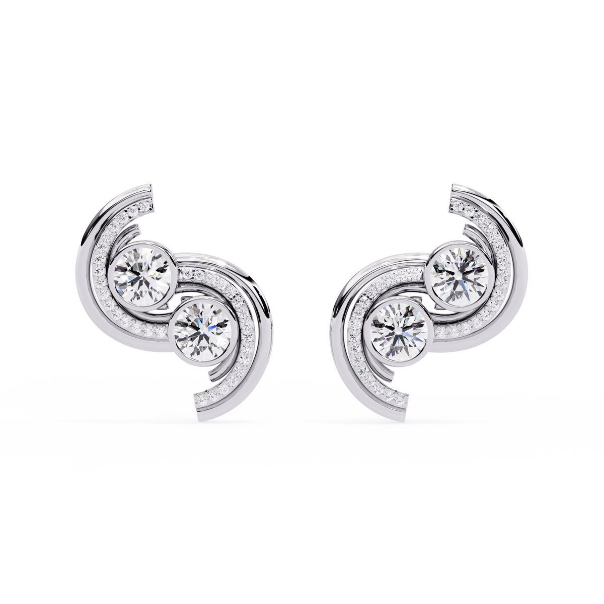 2.1 CTW round diamond double-swirl stud earrings in White Gold, front view – Lunéa Paris