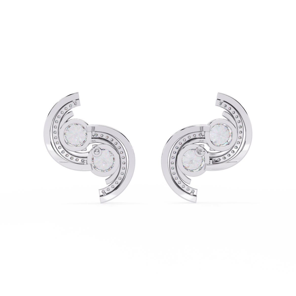 2.1 CTW round diamond double-swirl stud earrings in White Gold, rear view – Lunéa Paris