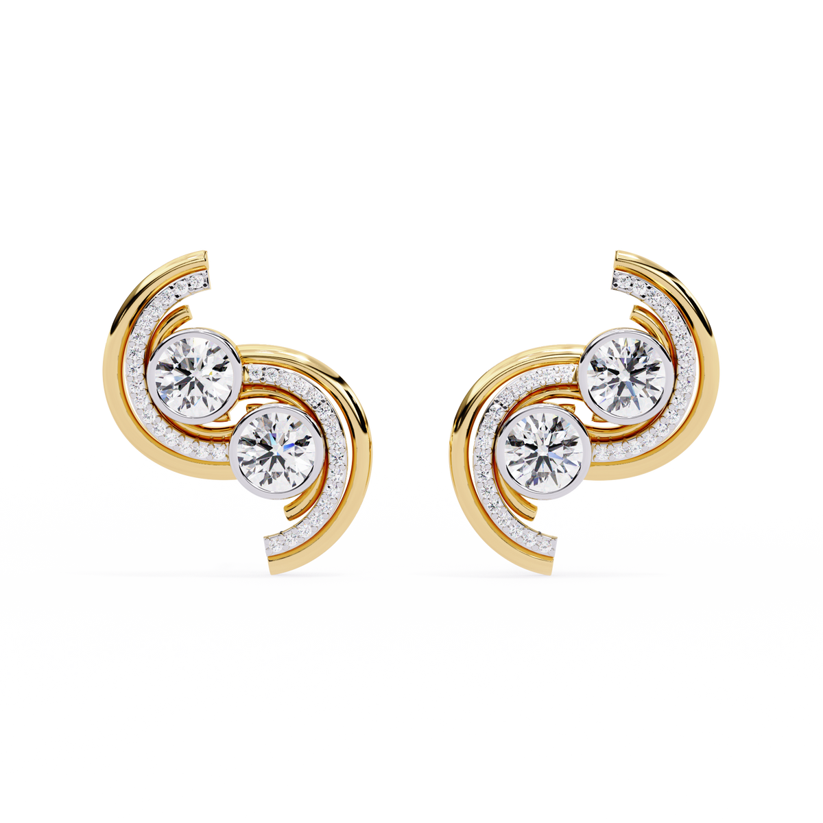 2.1 CTW round diamond double-swirl stud earrings in Yellow Gold, front view – Lunéa Paris