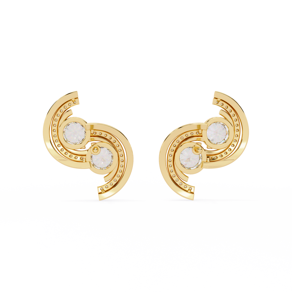 2.1 CTW round diamond double-swirl stud earrings in Yellow Gold, rear view – Lunéa Paris