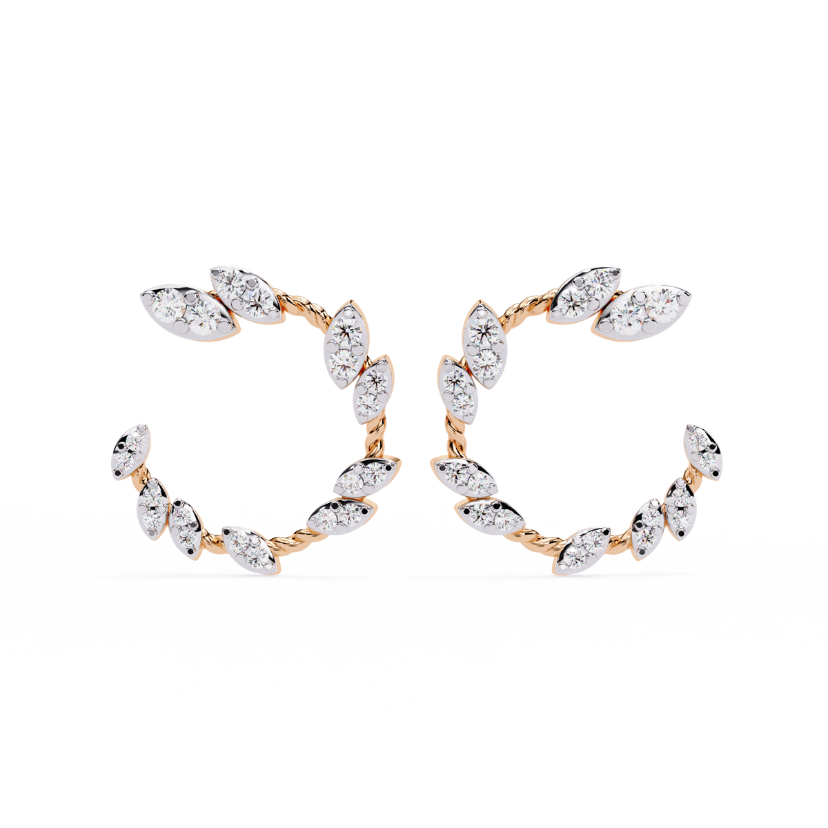 0.7 CTW round diamond leaf-vine open hoop earrings in Rose Gold, front view – Lunéa Paris
