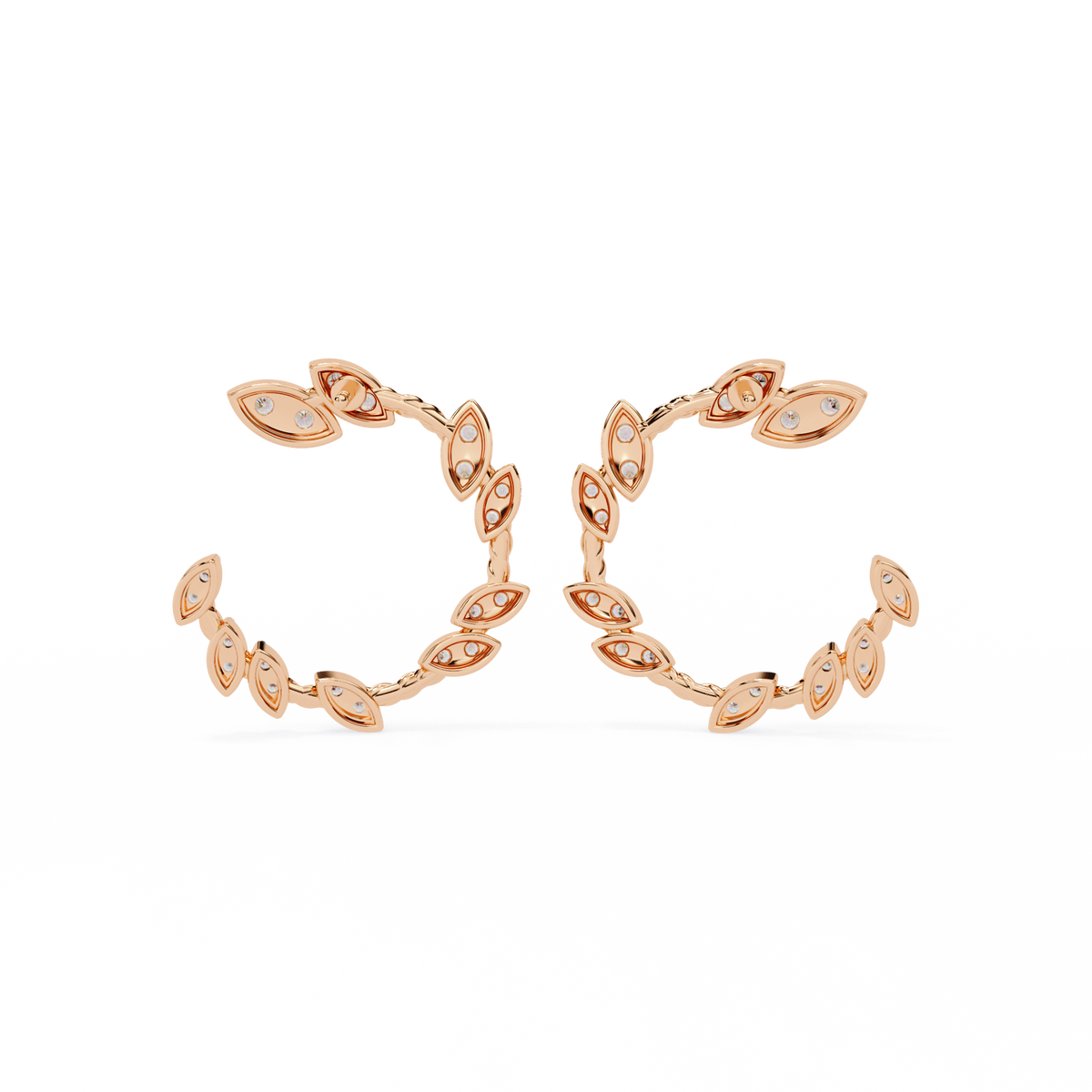 0.7 CTW round diamond leaf-vine open hoop earrings in Rose Gold, rear view – Lunéa Paris