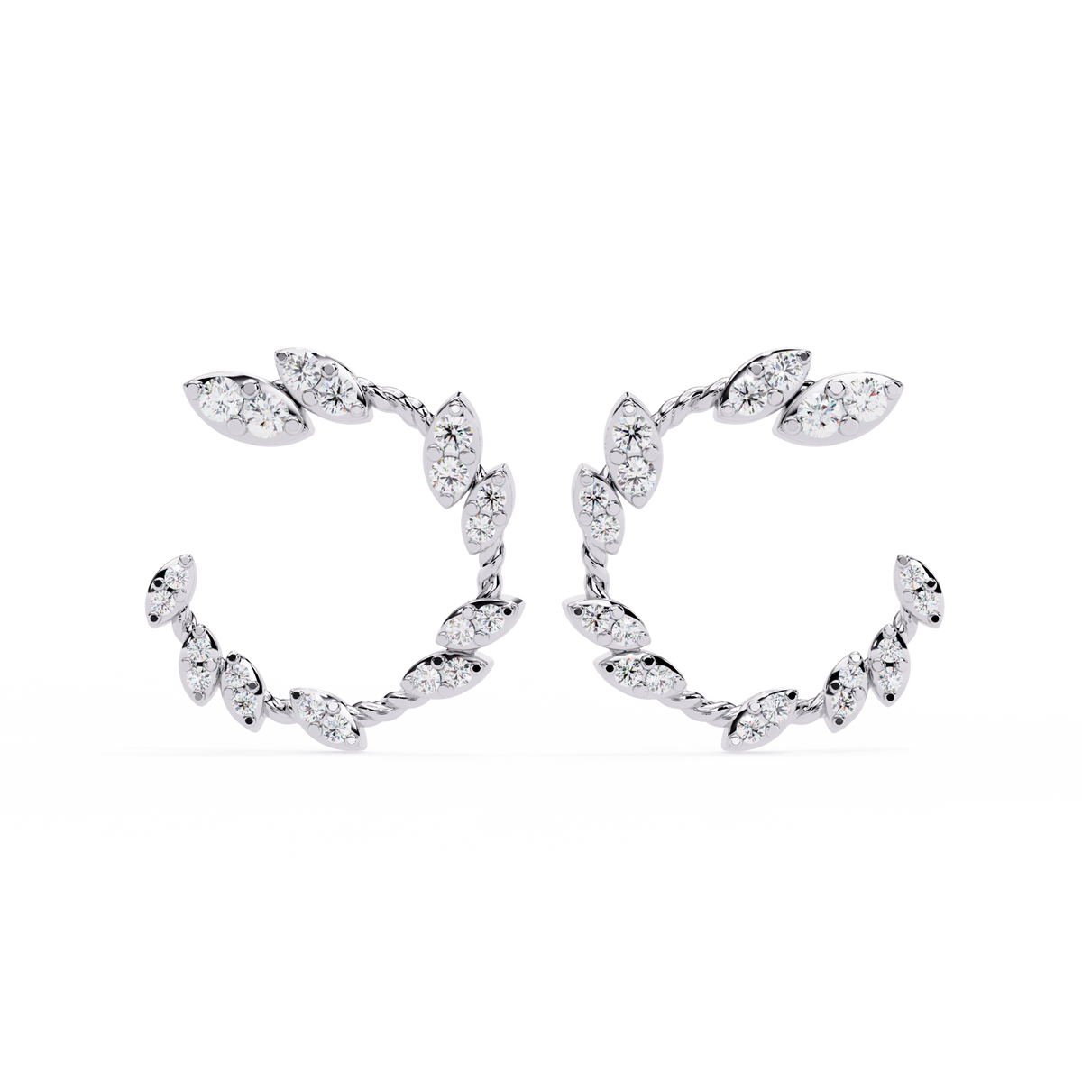 0.7 CTW round diamond leaf-vine open hoop earrings in White Gold, front view – Lunéa Paris