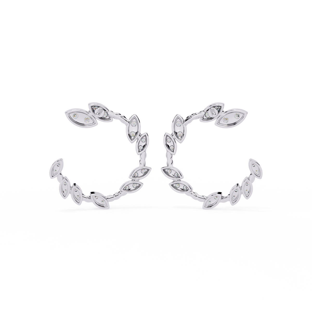 0.7 CTW round diamond leaf-vine open hoop earrings in White Gold, rear view – Lunéa Paris