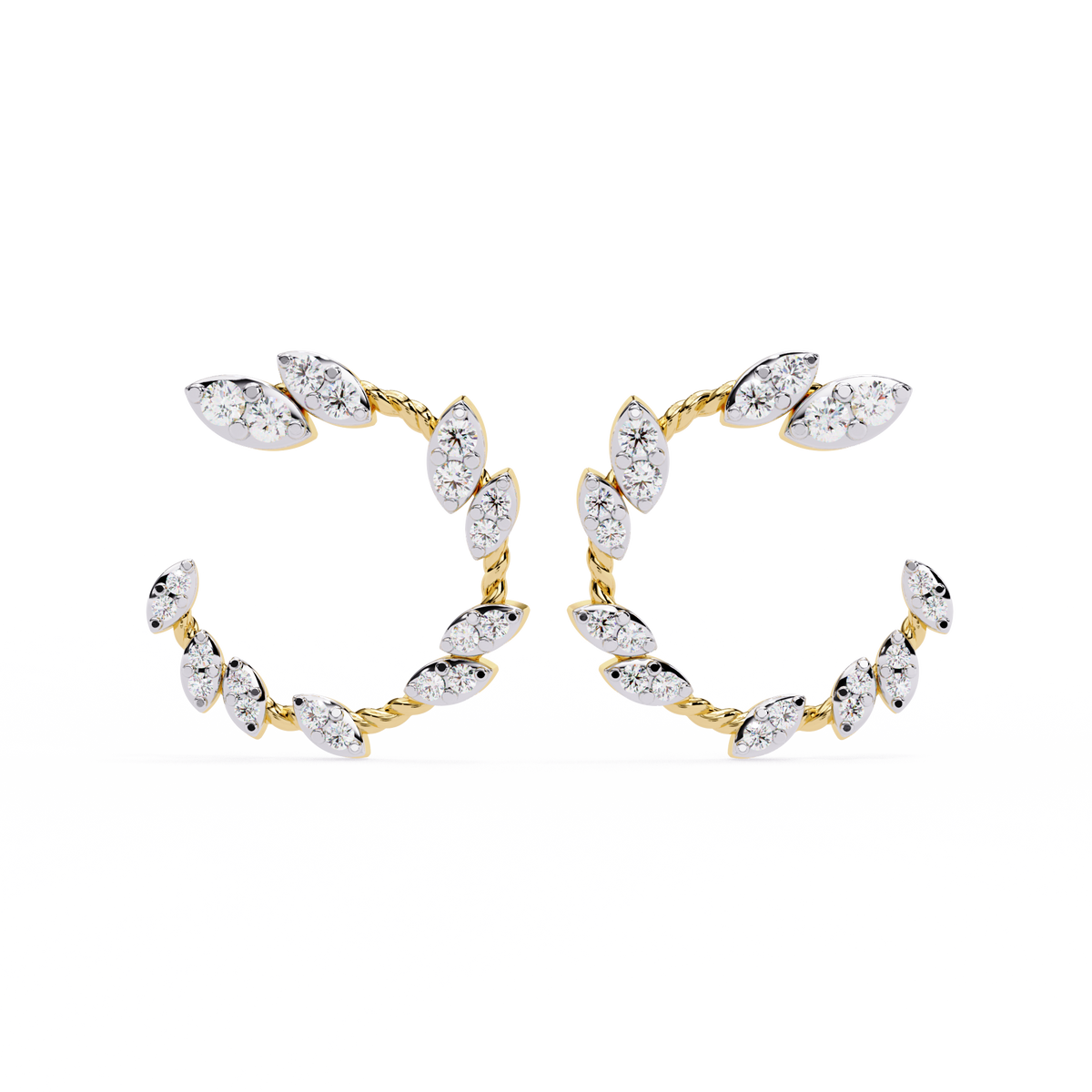 0.7 CTW round diamond leaf-vine open hoop earrings in Yellow Gold, front view – Lunéa Paris