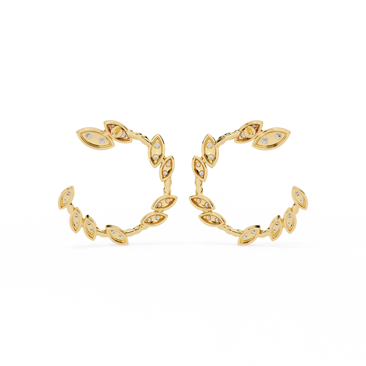 0.7 CTW round diamond leaf-vine open hoop earrings in Yellow Gold, rear view – Lunéa Paris