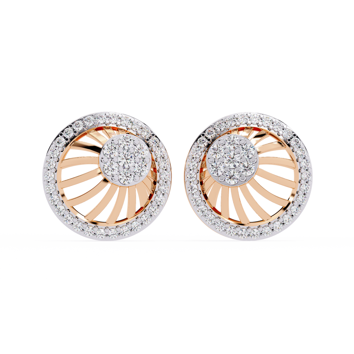 0.4 CTW round diamond spiral sunburst stud earrings in Rose Gold, front view – Lunéa Paris