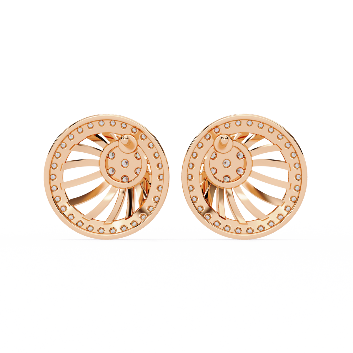 0.4 CTW round diamond spiral sunburst stud earrings in Rose Gold, rear view – Lunéa Paris