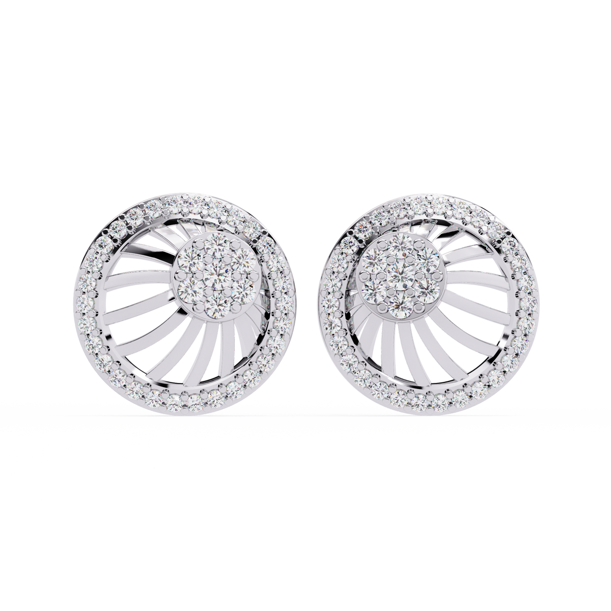 0.4 CTW round diamond spiral sunburst stud earrings in White Gold, front view – Lunéa Paris