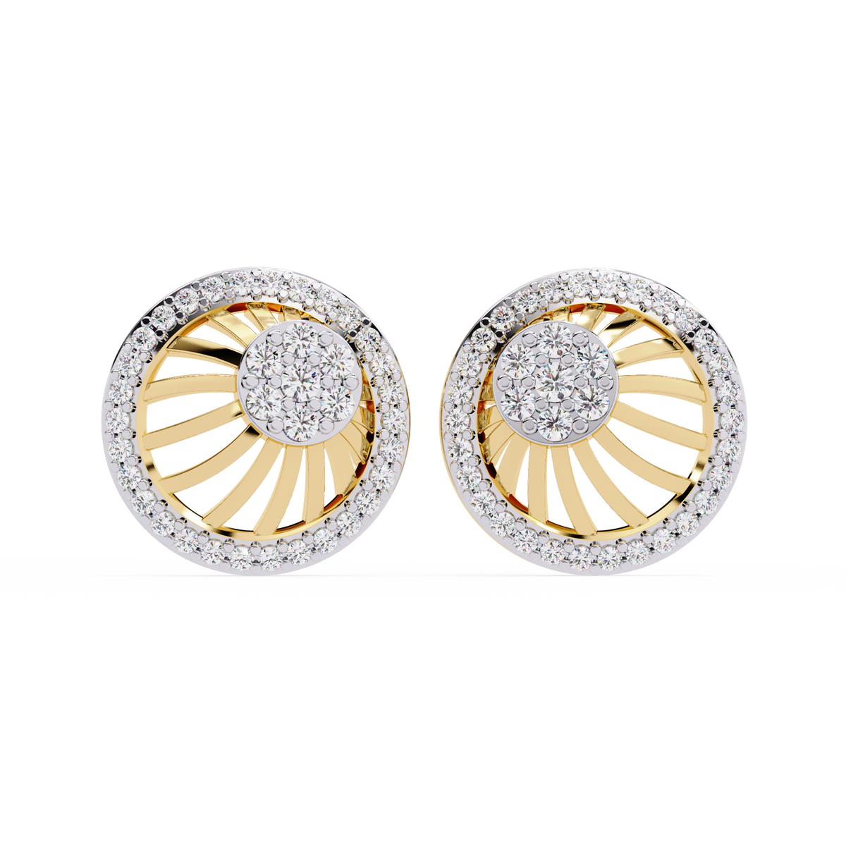 0.4 CTW round diamond spiral sunburst stud earrings in Yellow Gold, front view – Lunéa Paris
