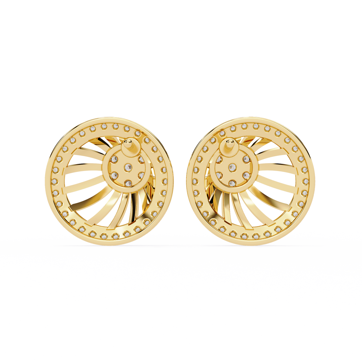 0.4 CTW round diamond spiral sunburst stud earrings in Yellow Gold, rear view – Lunéa Paris