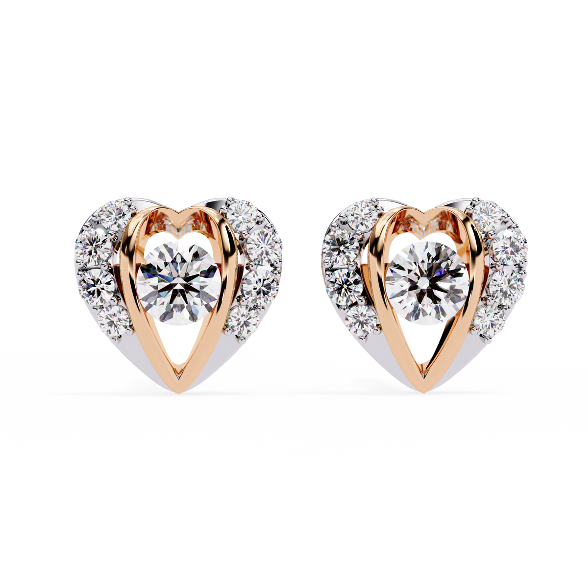 0.7 CTW round diamond open-heart stud earrings in Rose Gold, front view – Lunéa Paris