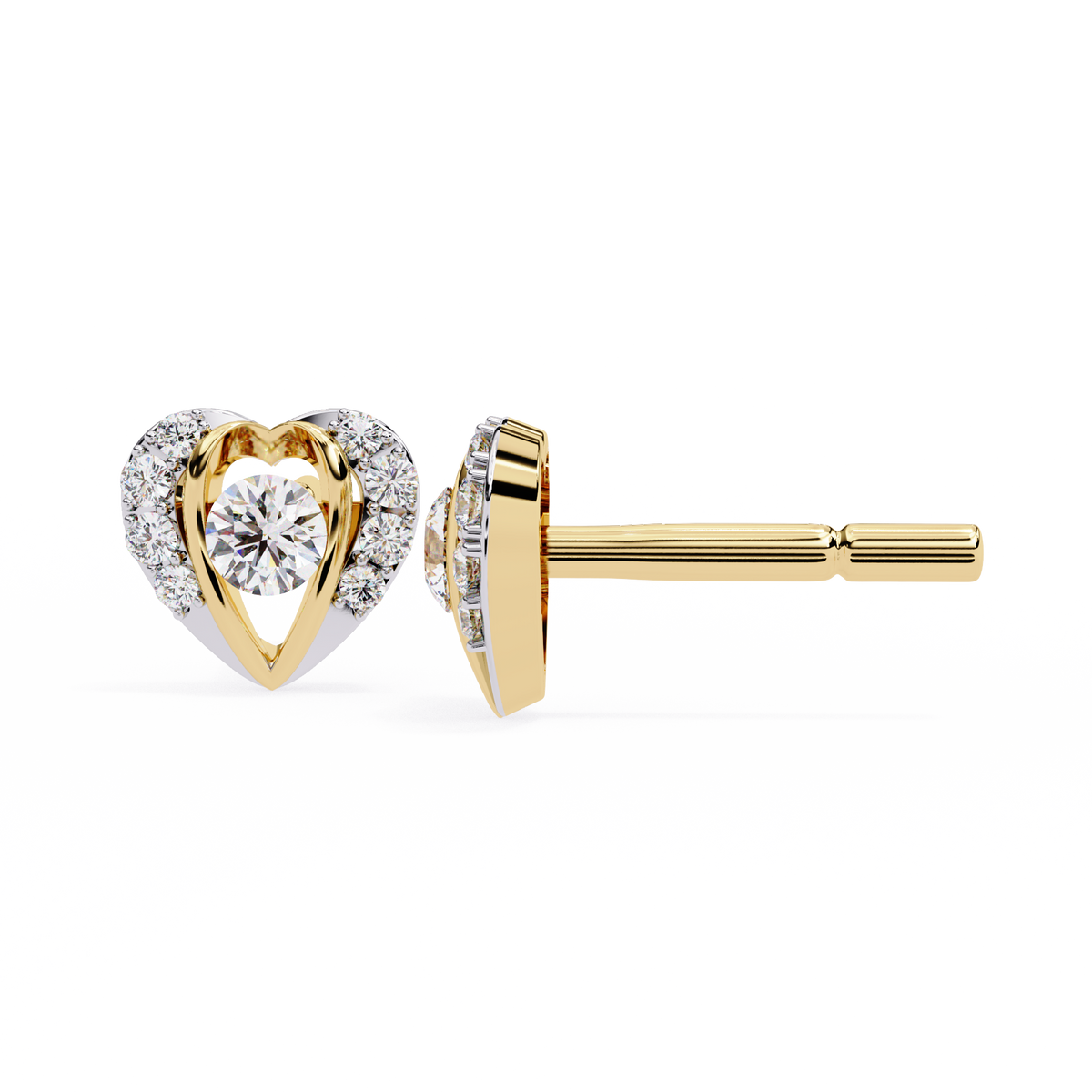 0.7 CTW round diamond open-heart stud earrings in Yellow Gold, angled view – Lunéa Paris