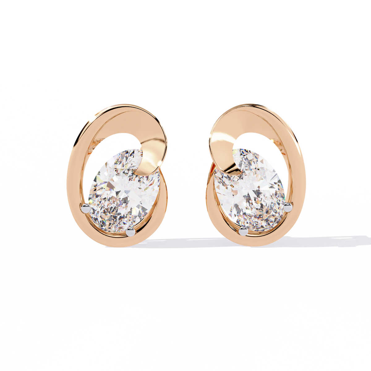 1.3 CTW oval diamond sculptural swirl stud earrings in Rose Gold, front view – Lunéa Paris