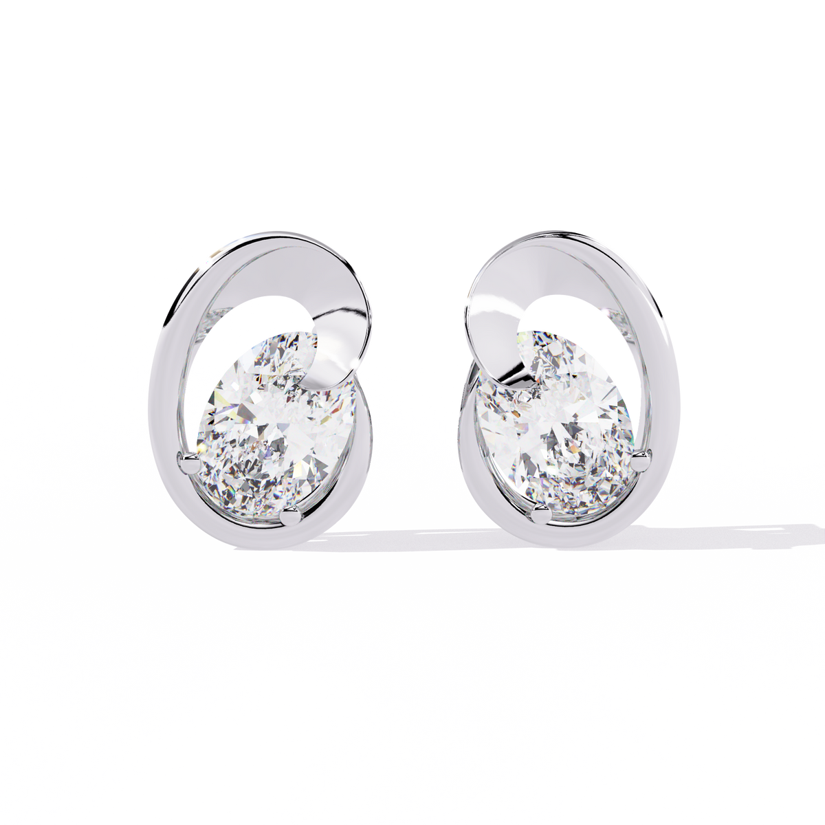1.3 CTW oval diamond sculptural swirl stud earrings in White Gold, front view – Lunéa Paris