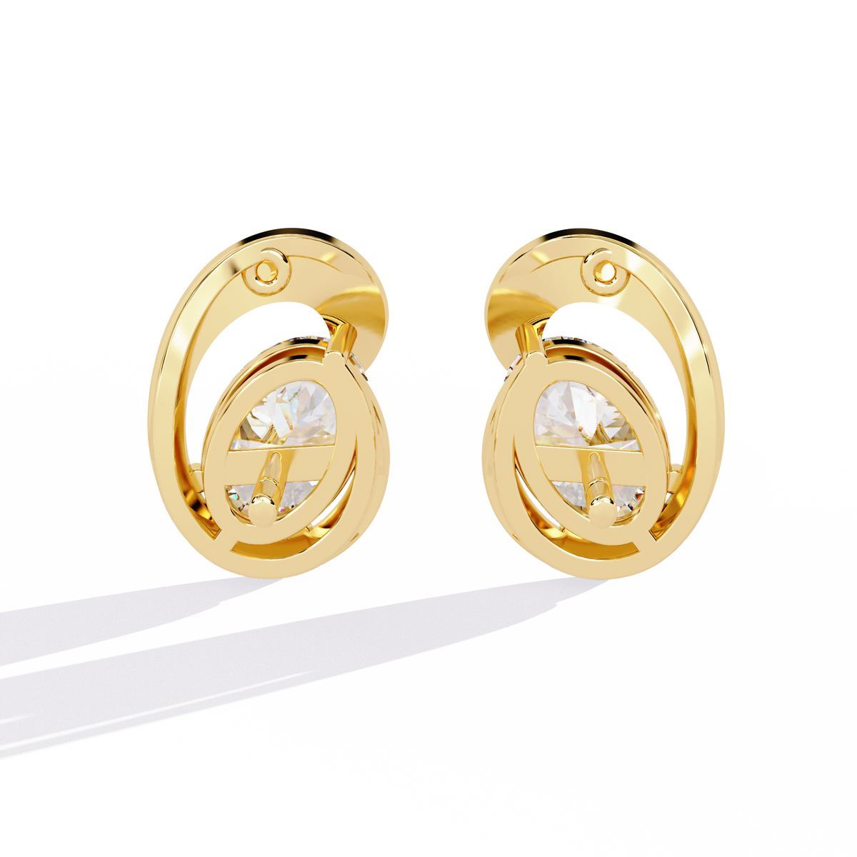 1.3 CTW oval diamond sculptural swirl stud earrings in Yellow Gold, rear view – Lunéa Paris