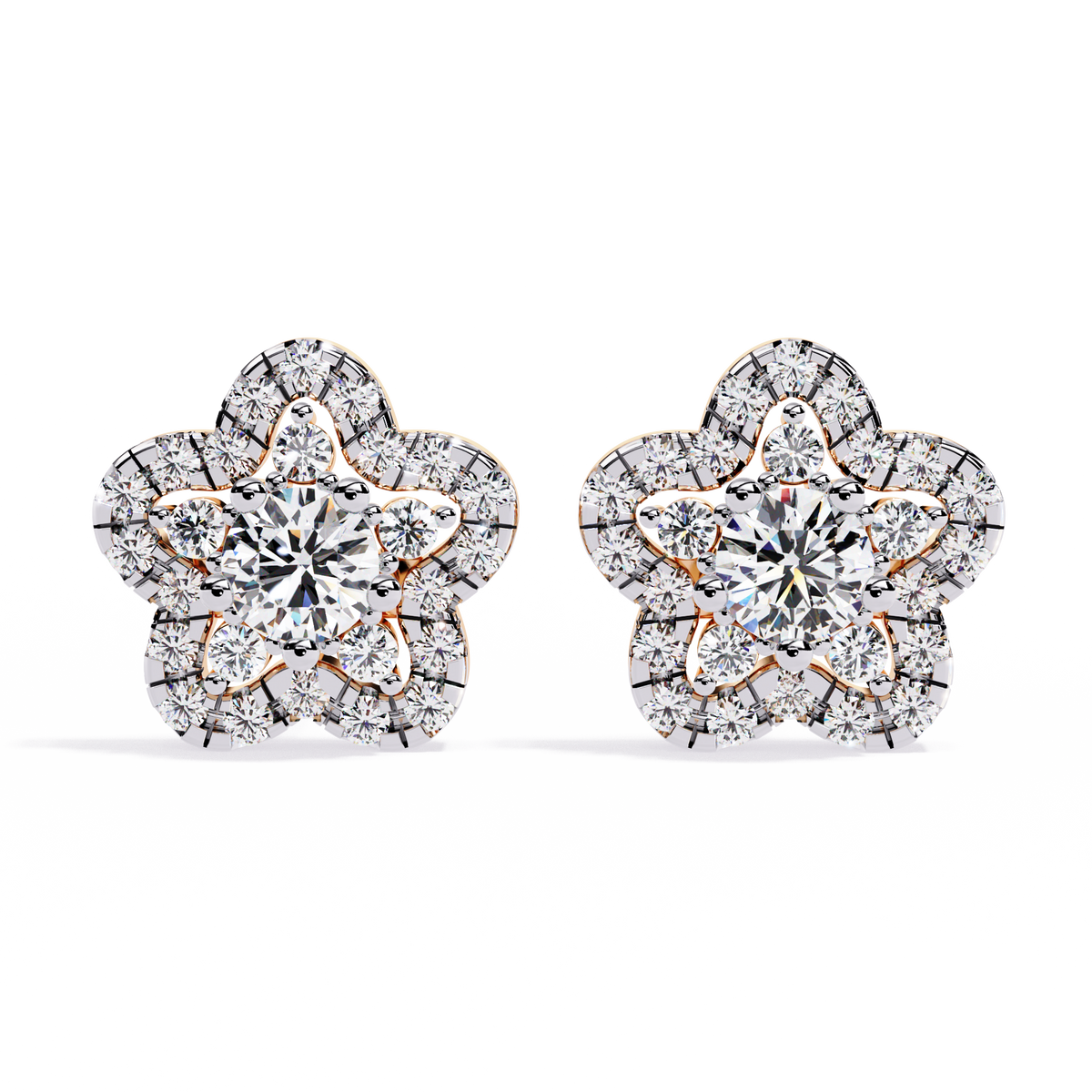0.9 CTW round diamond floral halo stud earrings in Rose Gold, front view – Lunéa Paris