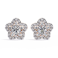 0.9 CTW round diamond floral halo stud earrings in Rose Gold, front view – Lunéa Paris