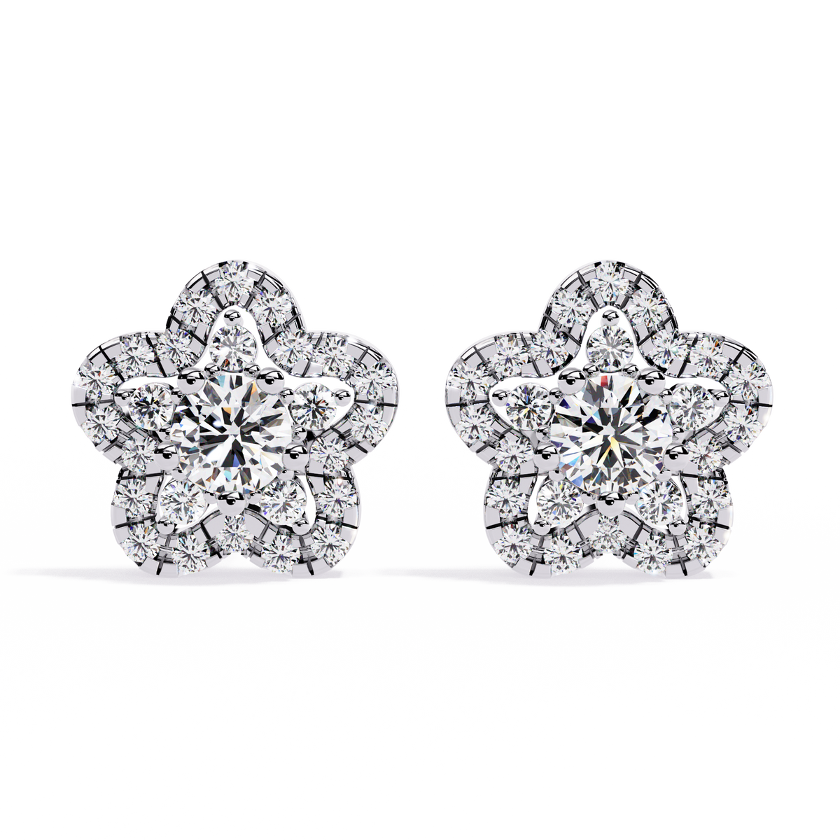 0.9 CTW round diamond floral halo stud earrings in White Gold, front view – Lunéa Paris