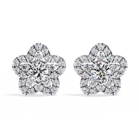 0.9 CTW round diamond floral halo stud earrings in White Gold, front view – Lunéa Paris
