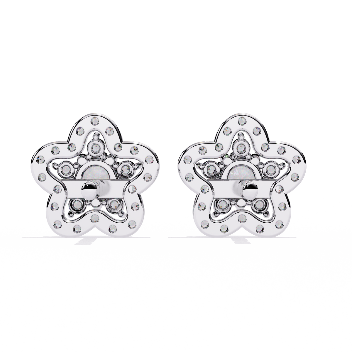 0.9 CTW round diamond floral halo stud earrings in White Gold, rear view – Lunéa Paris