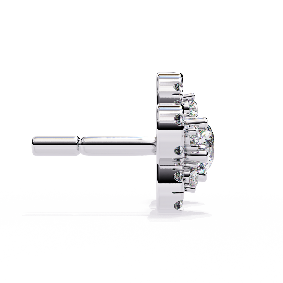 0.9 CTW round diamond floral halo stud earrings in White Gold, side view – Lunéa Paris