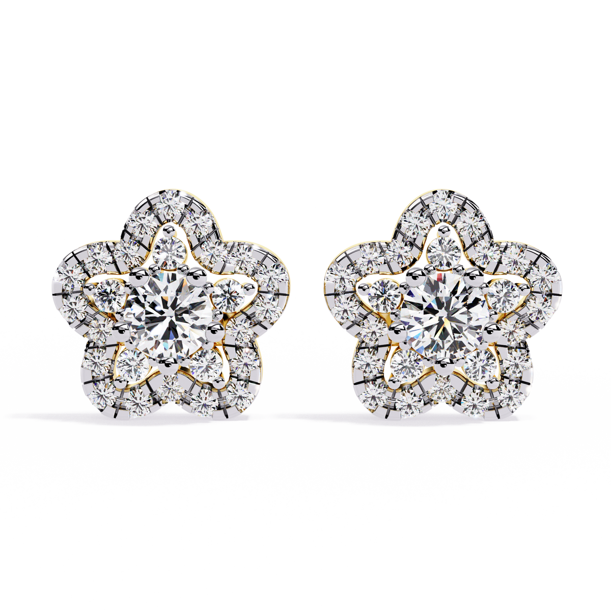 0.9 CTW round diamond floral halo stud earrings in Yellow Gold, front view – Lunéa Paris