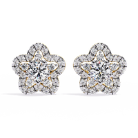 0.9 CTW round diamond floral halo stud earrings in Yellow Gold, front view – Lunéa Paris
