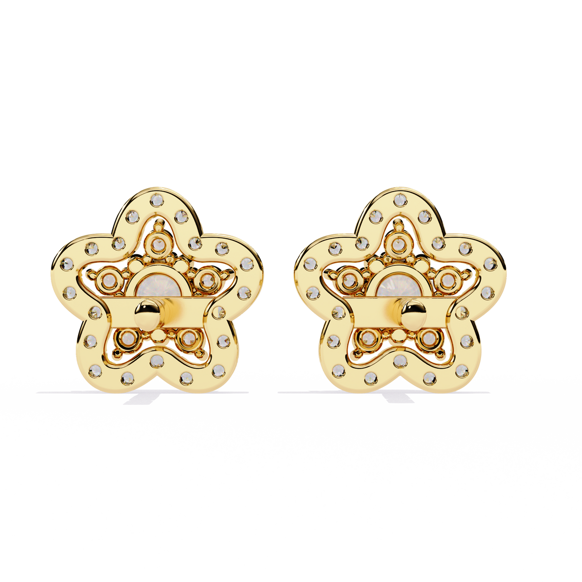 0.9 CTW round diamond floral halo stud earrings in Yellow Gold, rear view – Lunéa Paris