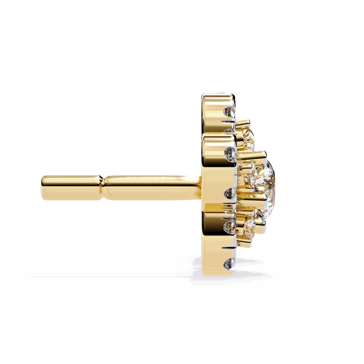 0.9 CTW round diamond floral halo stud earrings in Yellow Gold, side view – Lunéa Paris