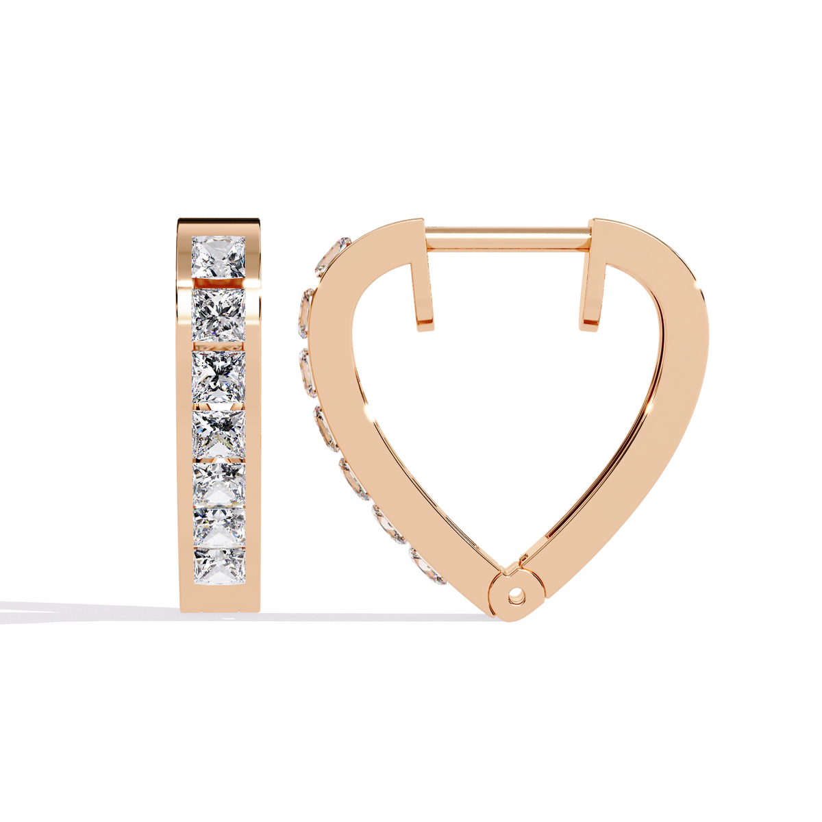 0.8 CTW princess-cut diamond heart hoop earrings in Rose Gold, side view – Lunéa Paris
